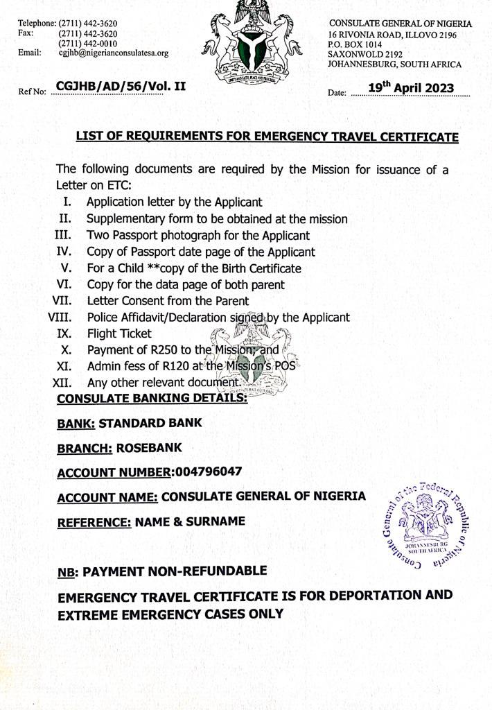 travel certificate to nigeria